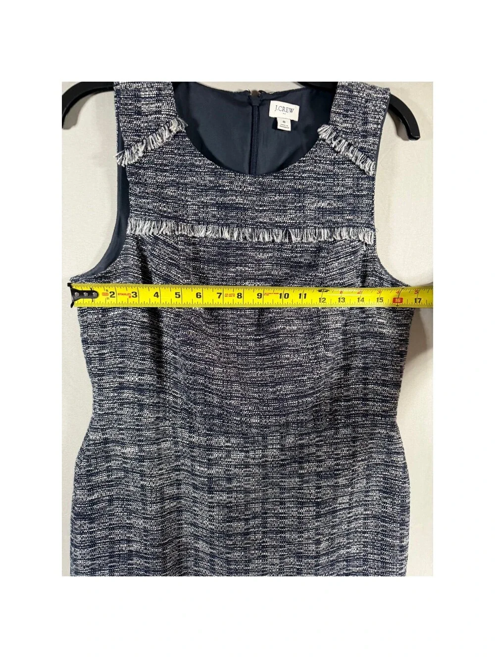 J.Crew Navy Blue White Tweed Fringe Trim Sleeveless Sheath Dress Size 8